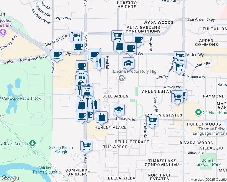 map of restaurants, bars, coffee shops, grocery stores, and more near 1446 Hood Road in Sacramento