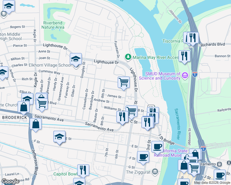 map of restaurants, bars, coffee shops, grocery stores, and more near 613 Welland Way in West Sacramento