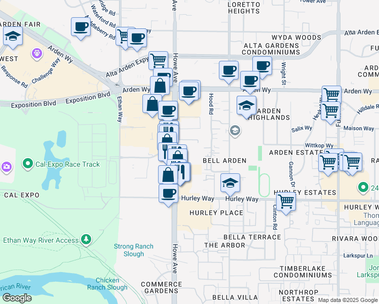 map of restaurants, bars, coffee shops, grocery stores, and more near 1420 Howe Avenue in Sacramento