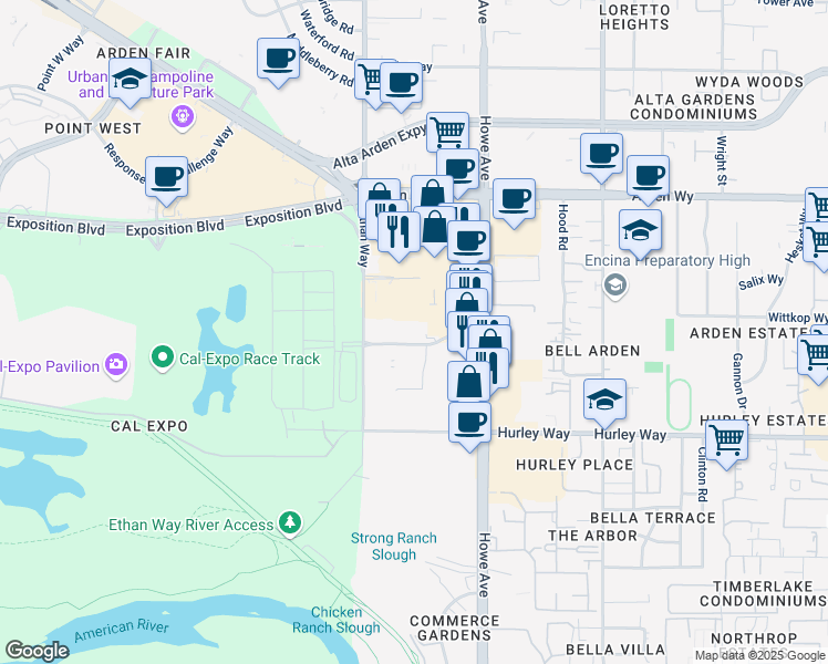 map of restaurants, bars, coffee shops, grocery stores, and more near 2041 Hallmark Drive in Sacramento