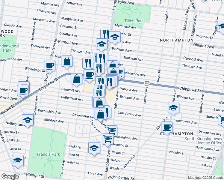 map of restaurants, bars, coffee shops, grocery stores, and more near 40 Hampton Village Plaza in St. Louis