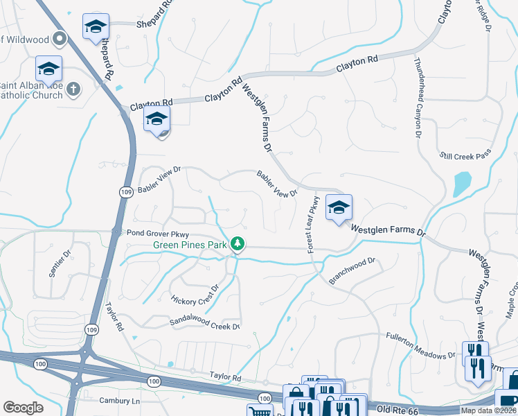map of restaurants, bars, coffee shops, grocery stores, and more near 2365 Gross Point Lane in Ballwin
