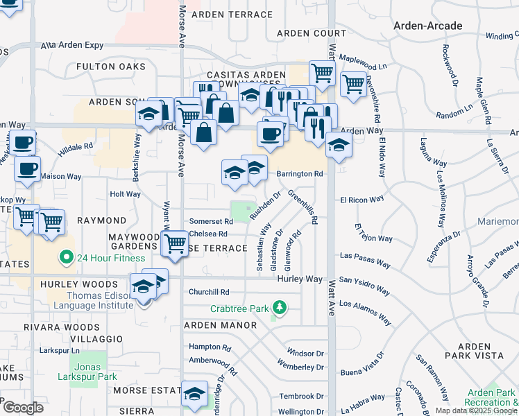 map of restaurants, bars, coffee shops, grocery stores, and more near 1500 Dom Way in Sacramento