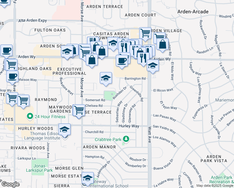map of restaurants, bars, coffee shops, grocery stores, and more near 1500 Dom Way in Sacramento