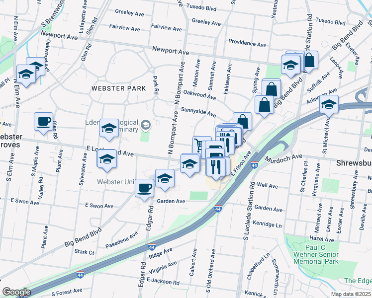 map of restaurants, bars, coffee shops, grocery stores, and more near 526 Lake Ave in Webster Groves