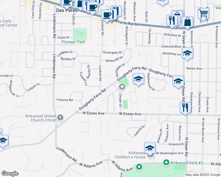 map of restaurants, bars, coffee shops, grocery stores, and more near 1110 Dougherty Ferry Road in Kirkwood