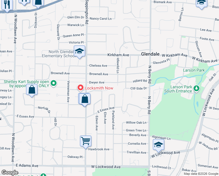 map of restaurants, bars, coffee shops, grocery stores, and more near 942 Dwyer Avenue in Kirkwood