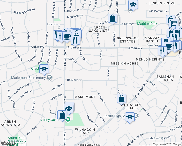 map of restaurants, bars, coffee shops, grocery stores, and more near 4412 Surita Street in Sacramento