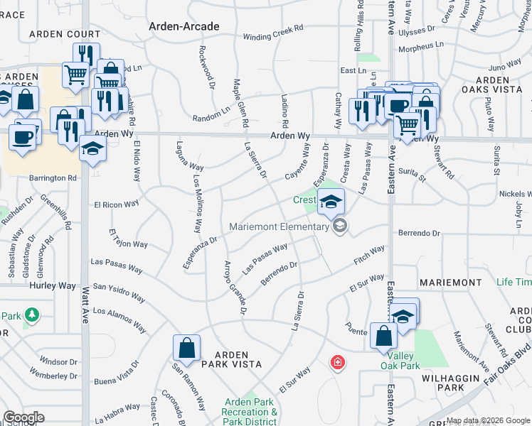 map of restaurants, bars, coffee shops, grocery stores, and more near 3904 Esperanza Drive in Sacramento