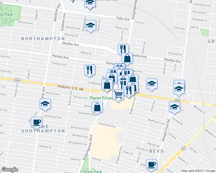 map of restaurants, bars, coffee shops, grocery stores, and more near 4928 Lindenwood Avenue in St. Louis