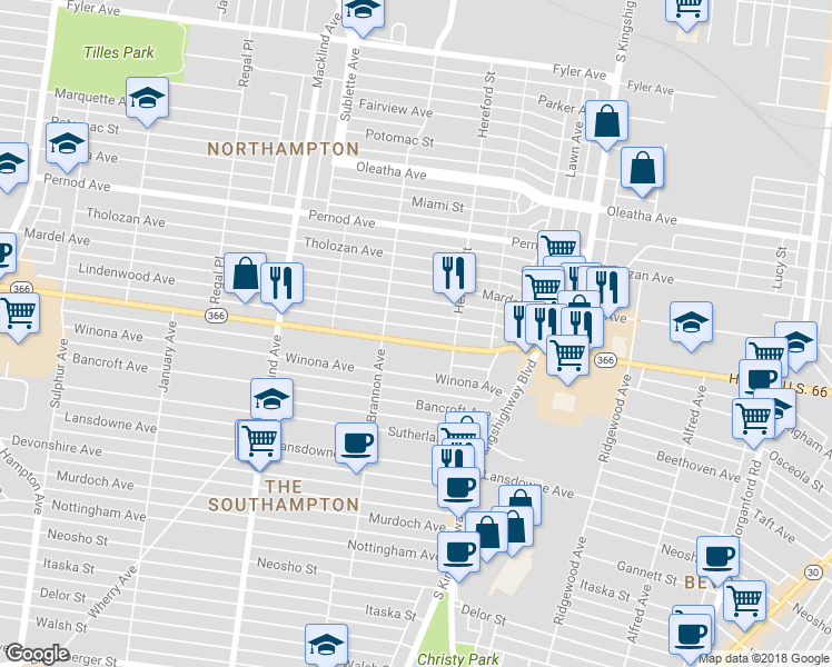 map of restaurants, bars, coffee shops, grocery stores, and more near 5016 Chippewa Street in St. Louis