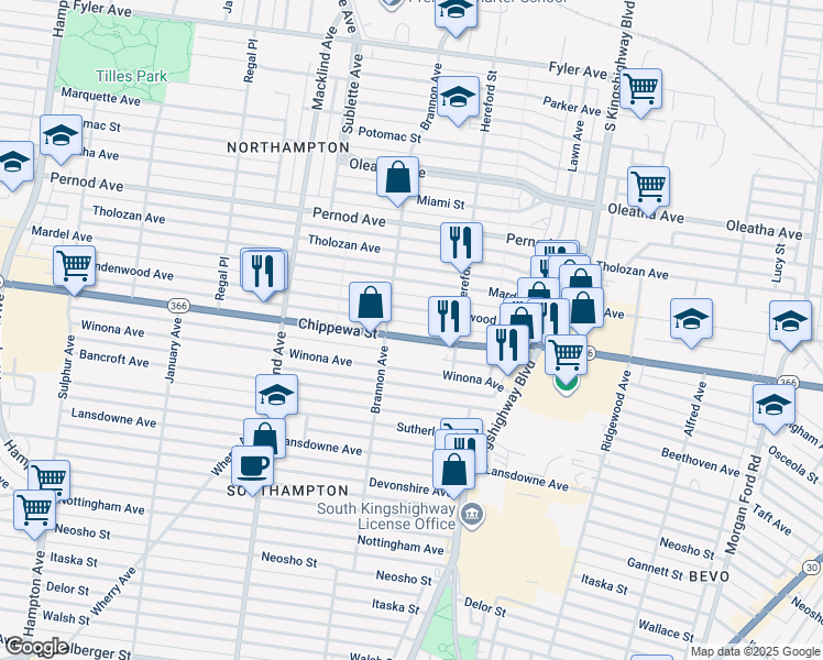 map of restaurants, bars, coffee shops, grocery stores, and more near 5069 Chippewa Street in St. Louis