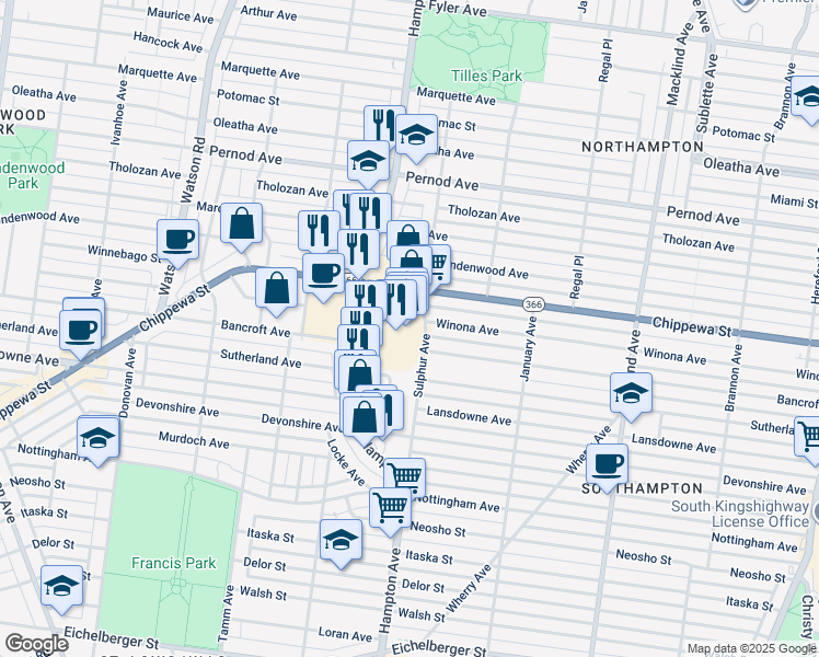 map of restaurants, bars, coffee shops, grocery stores, and more near 50 Hampton Village Plaza in St. Louis