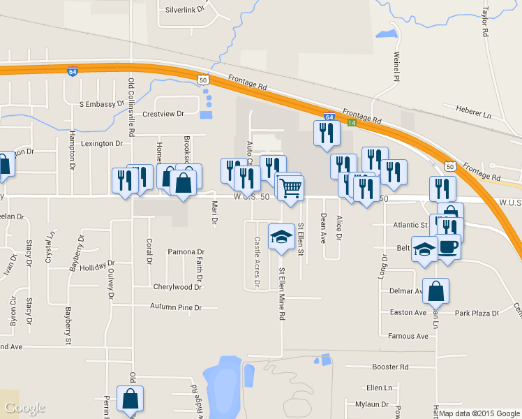 map of restaurants, bars, coffee shops, grocery stores, and more near 1711 W U.S. 50 in Fairview Heights