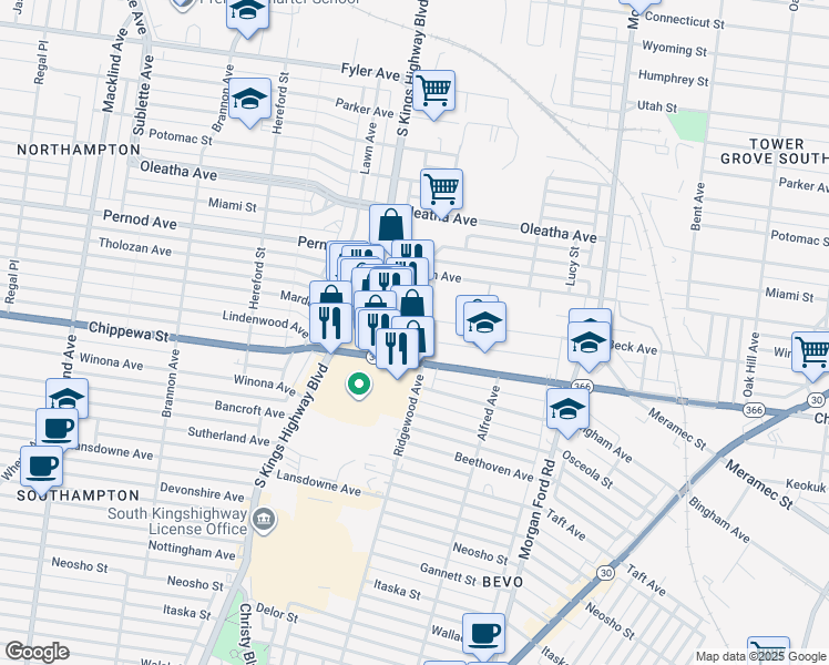 map of restaurants, bars, coffee shops, grocery stores, and more near 3734 South Kingshighway Boulevard in Saint Louis