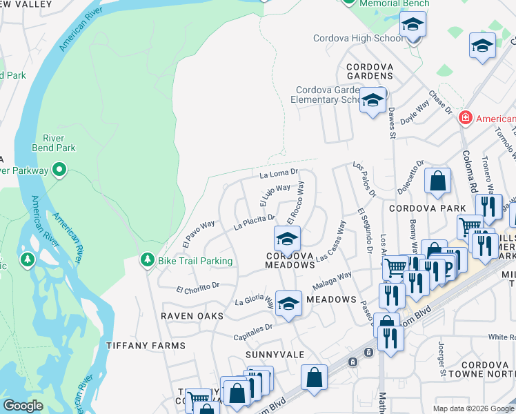map of restaurants, bars, coffee shops, grocery stores, and more near 2446 El Lujo Way in Rancho Cordova