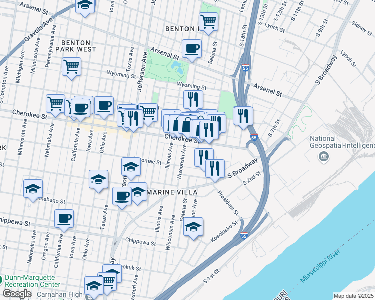 map of restaurants, bars, coffee shops, grocery stores, and more near 3420 Wisconsin Avenue in St. Louis