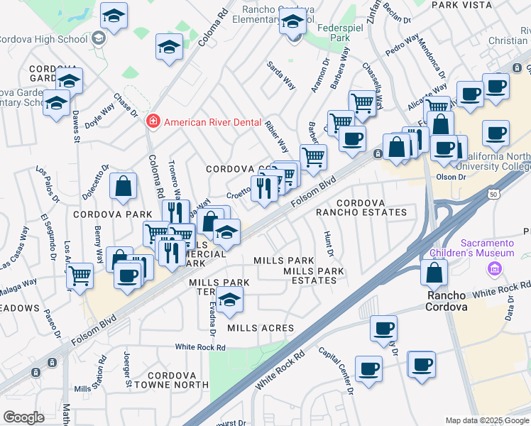 map of restaurants, bars, coffee shops, grocery stores, and more near 10493 Folsom Blvd in Rancho Cordova
