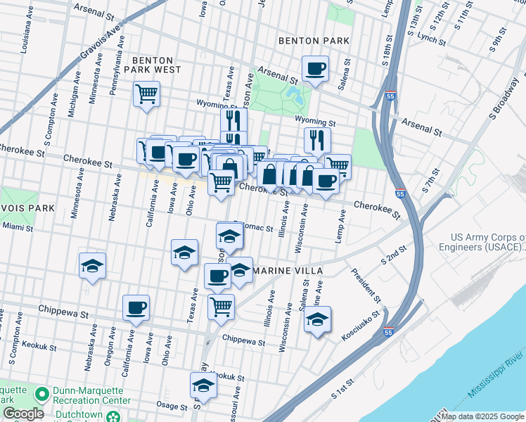 map of restaurants, bars, coffee shops, grocery stores, and more near 3435 Missouri Avenue in St. Louis