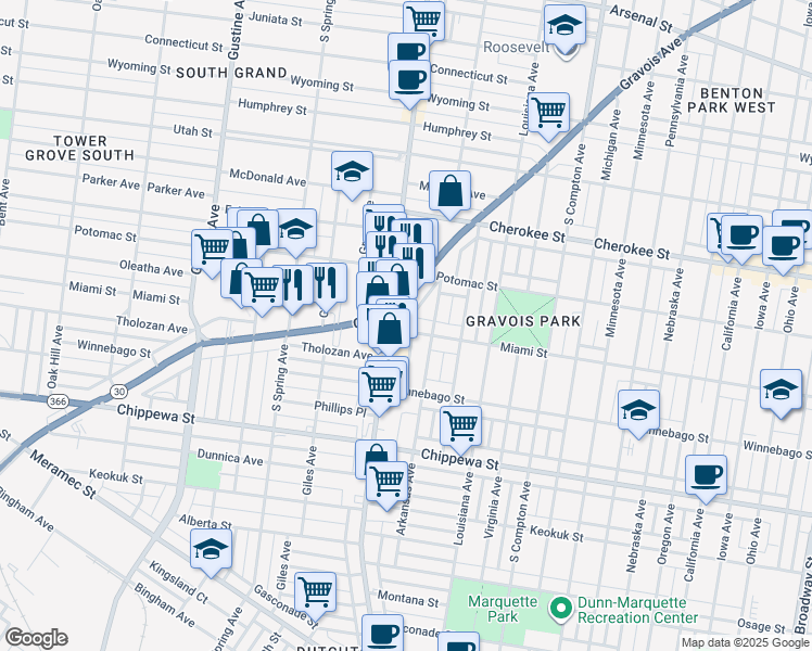 map of restaurants, bars, coffee shops, grocery stores, and more near 3529 Miami Street in St. Louis