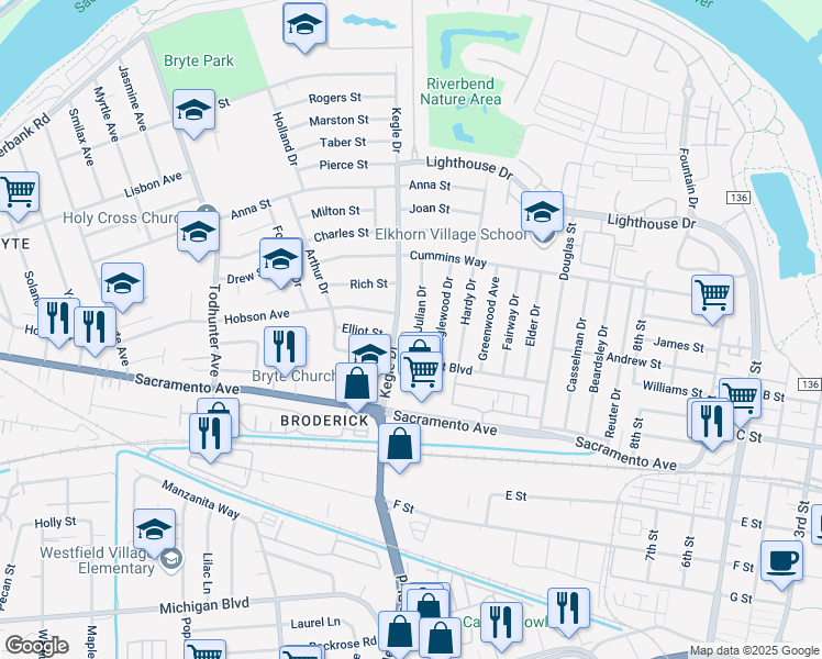 map of restaurants, bars, coffee shops, grocery stores, and more near 812 Julian Drive in West Sacramento