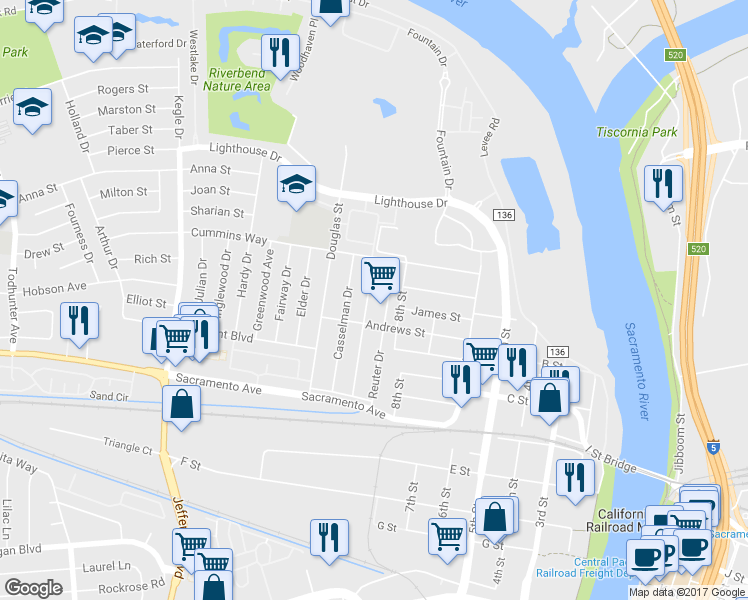 map of restaurants, bars, coffee shops, grocery stores, and more near 791 Beardsley Drive in West Sacramento