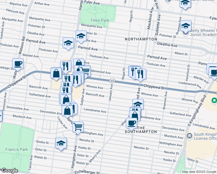 map of restaurants, bars, coffee shops, grocery stores, and more near 5611 Winona Avenue in St. Louis