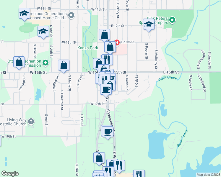 map of restaurants, bars, coffee shops, grocery stores, and more near 1605 South Main Street in Ottawa