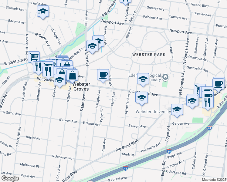 map of restaurants, bars, coffee shops, grocery stores, and more near 5 Plant Avenue in Webster Groves
