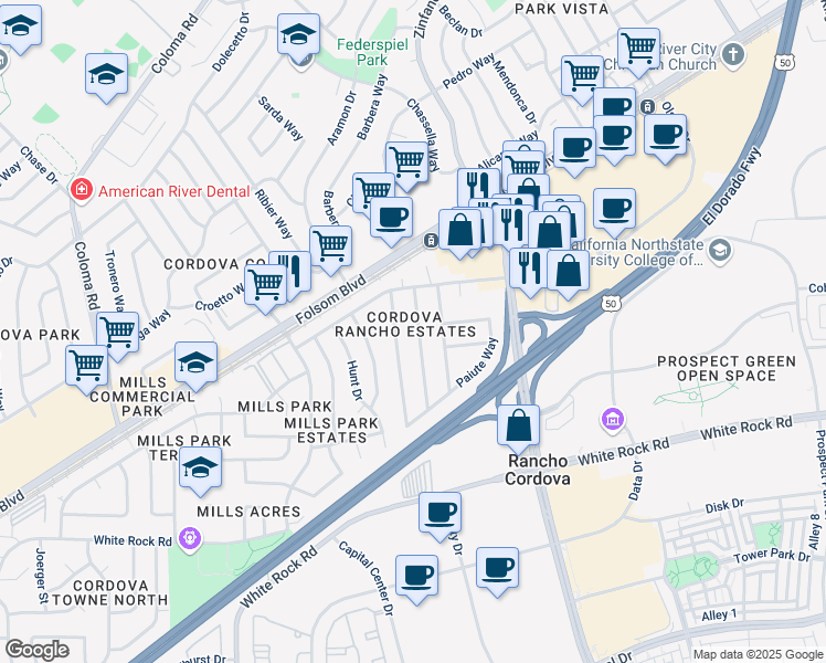 map of restaurants, bars, coffee shops, grocery stores, and more near 2928 Kachina Way in Rancho Cordova