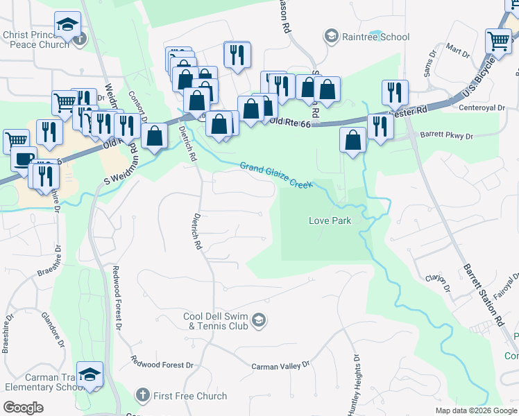 map of restaurants, bars, coffee shops, grocery stores, and more near 1569 Dietrich Pl Ct in Ballwin
