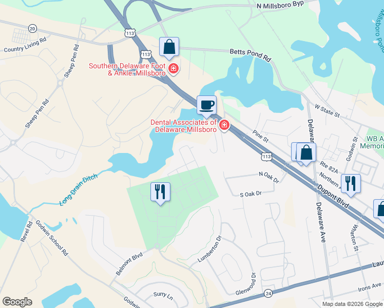 map of restaurants, bars, coffee shops, grocery stores, and more near 20999 Brunswick Lane in Millsboro