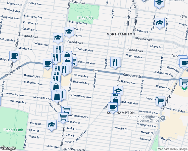 map of restaurants, bars, coffee shops, grocery stores, and more near 5611 Winona Avenue in St. Louis