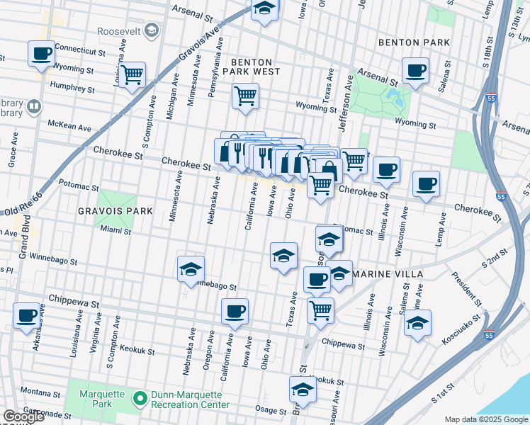 map of restaurants, bars, coffee shops, grocery stores, and more near 3457 Iowa Avenue in St. Louis