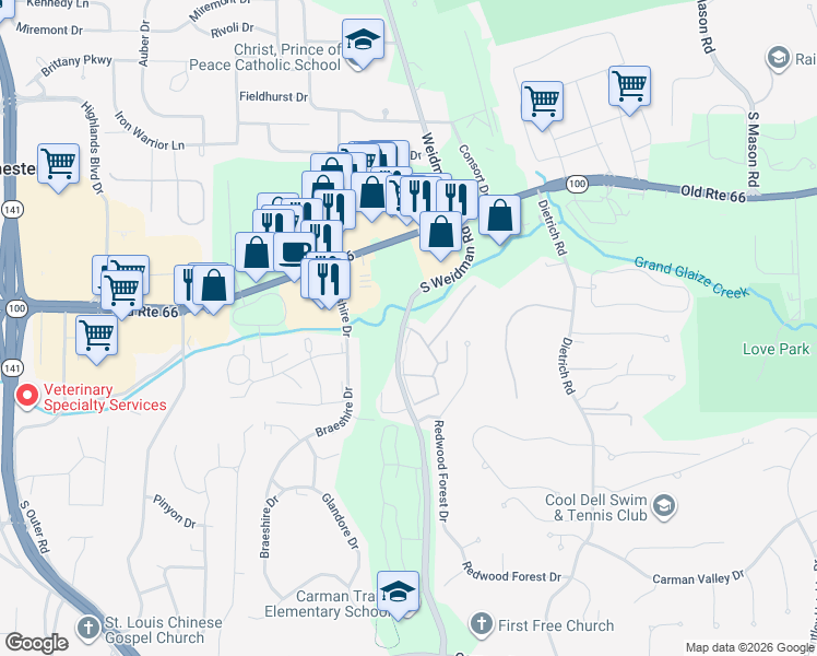 map of restaurants, bars, coffee shops, grocery stores, and more near 185 South Weidman Road in Ballwin