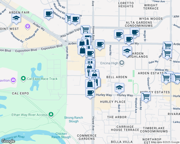 map of restaurants, bars, coffee shops, grocery stores, and more near 1431 Howe Avenue in Sacramento