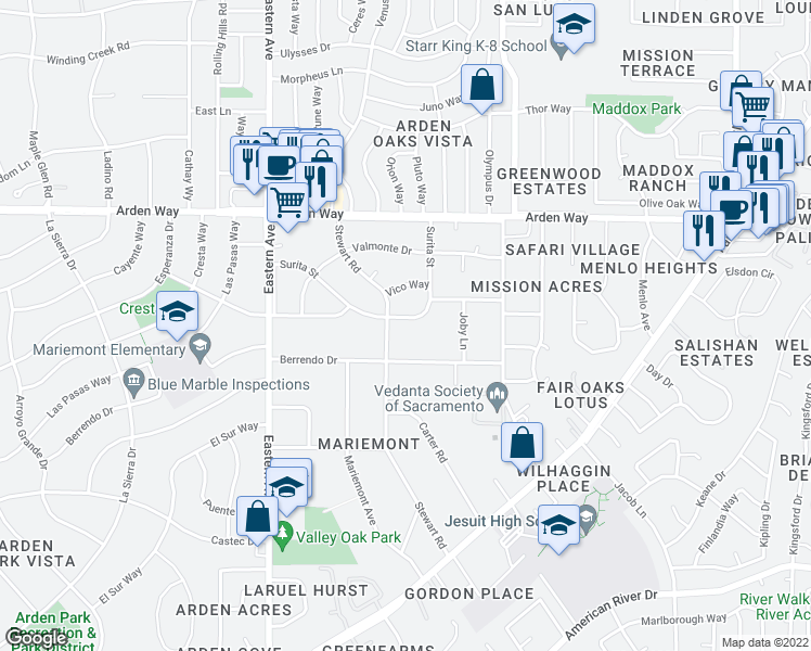 map of restaurants, bars, coffee shops, grocery stores, and more near 4428 Surita Street in Sacramento