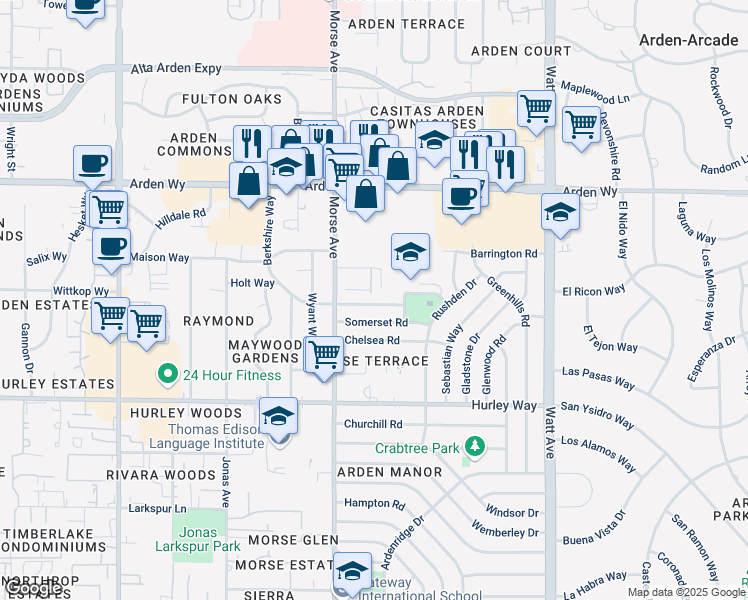 map of restaurants, bars, coffee shops, grocery stores, and more near 3129 Berkshire Way in Sacramento