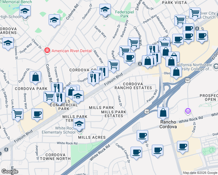 map of restaurants, bars, coffee shops, grocery stores, and more near 10555 Olson Drive in Rancho Cordova