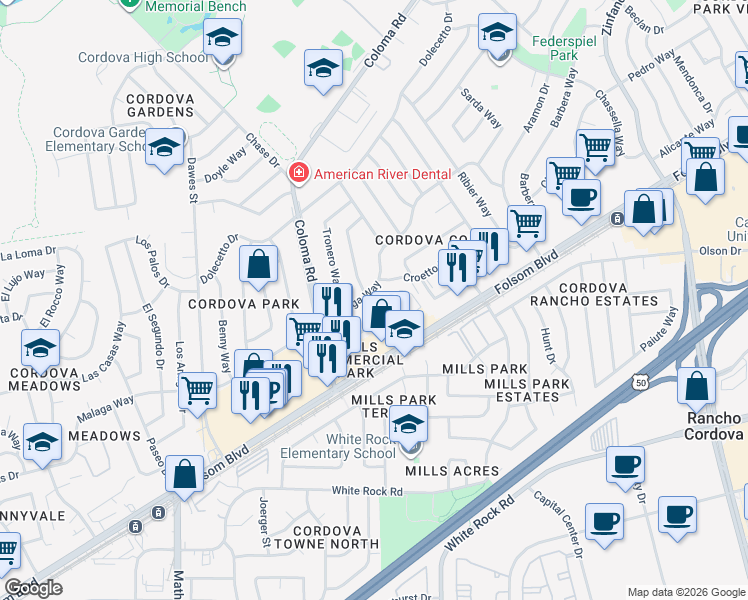 map of restaurants, bars, coffee shops, grocery stores, and more near 10432 Malaga Way in Rancho Cordova