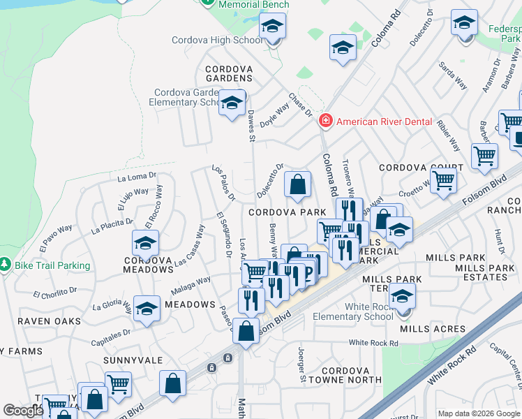 map of restaurants, bars, coffee shops, grocery stores, and more near 2620 Benny Way in Rancho Cordova