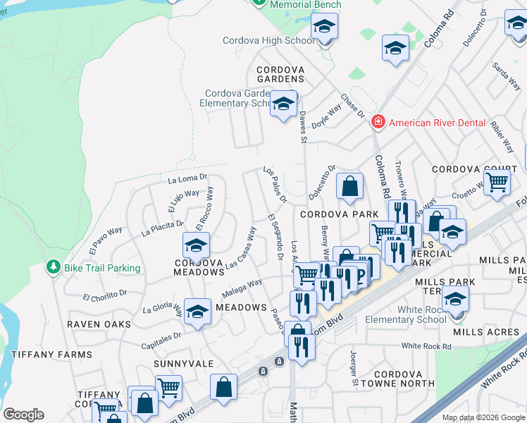 map of restaurants, bars, coffee shops, grocery stores, and more near 2571 El Segundo Drive in Rancho Cordova