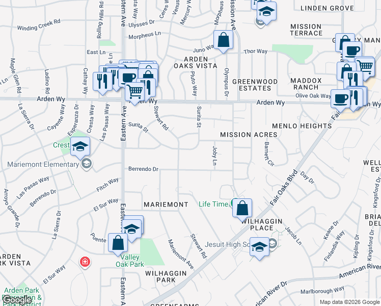 map of restaurants, bars, coffee shops, grocery stores, and more near 4428 Surita Street in Sacramento