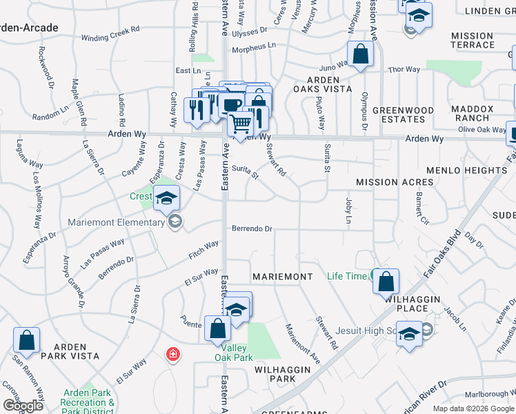 map of restaurants, bars, coffee shops, grocery stores, and more near 4332 Las Cruces Way in Sacramento