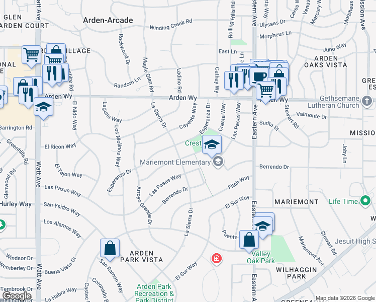 map of restaurants, bars, coffee shops, grocery stores, and more near 4016 Cresta Way in Sacramento