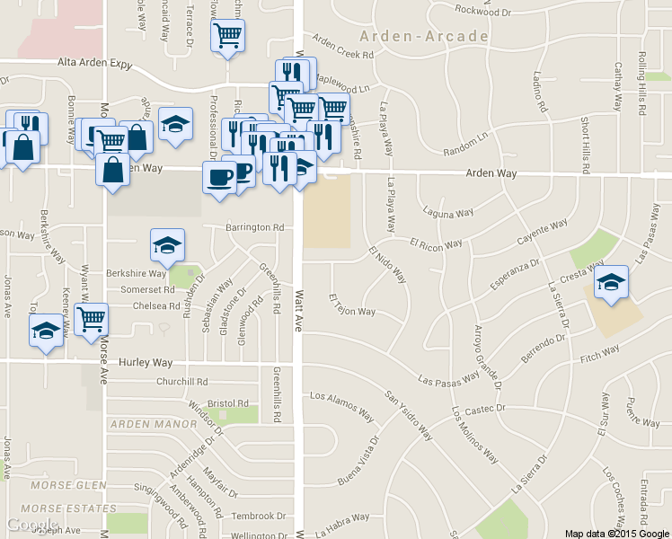 map of restaurants, bars, coffee shops, grocery stores, and more near 3530 El Ricon Way in Sacramento