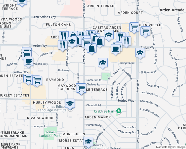map of restaurants, bars, coffee shops, grocery stores, and more near 3129 Berkshire Way in Sacramento