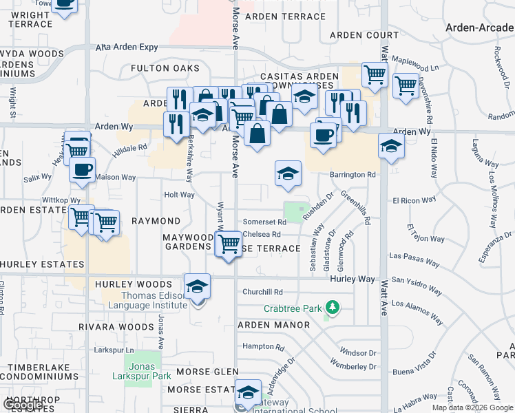 map of restaurants, bars, coffee shops, grocery stores, and more near 3129 Berkshire Way in Sacramento