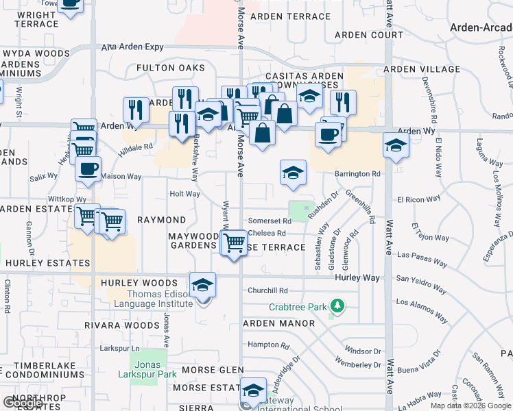 map of restaurants, bars, coffee shops, grocery stores, and more near 3101 Berkshire Way in Sacramento