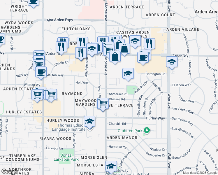 map of restaurants, bars, coffee shops, grocery stores, and more near 3101 Berkshire Way in Sacramento